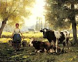 Julien Dupre Canvas Paintings - A Milkmaid with her Cows on a Summer Day